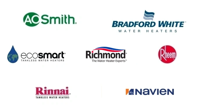 Water heater installation and replacement brands including AO Smith, Bradford White, Rheem, Richmond, EcoSmart, Rinnai and Navien